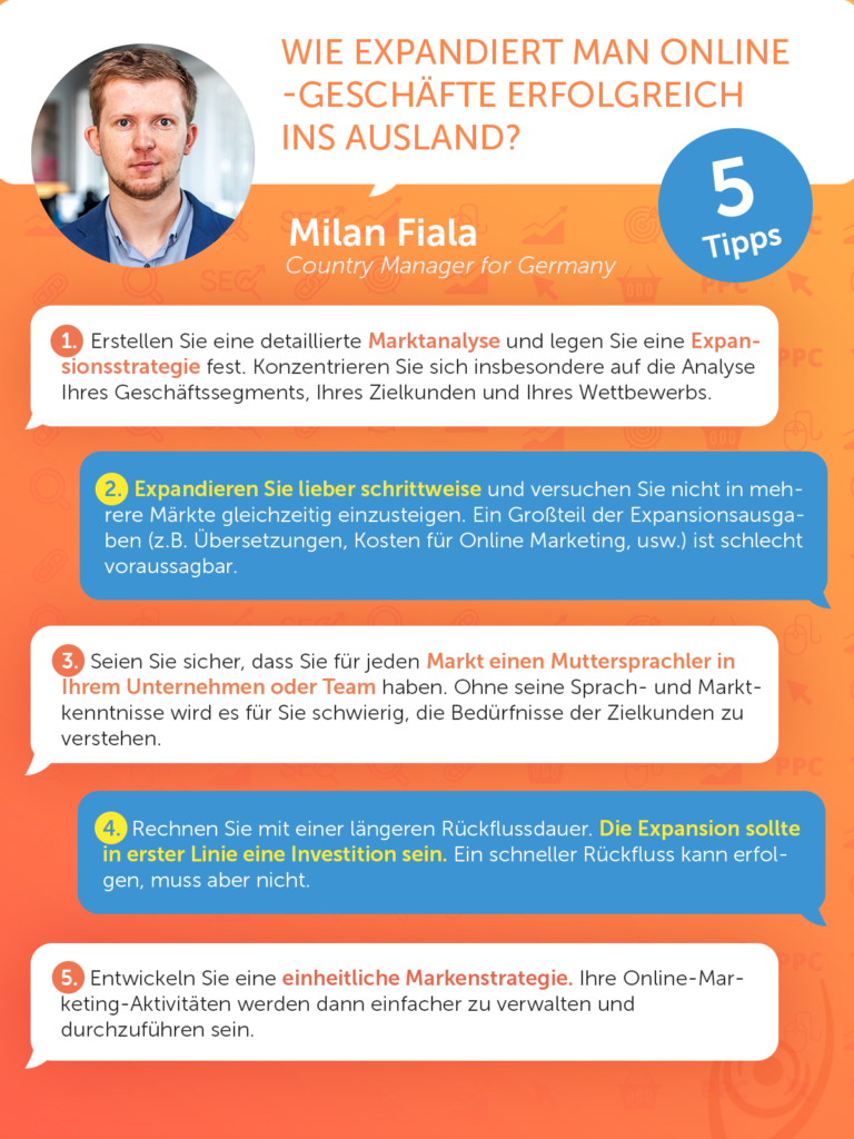 5 Tipps - Wie expandiert man Online-Geschäfte erfolgreich ins Ausland? 
(Milan Fiala, Country Manager for Germany)